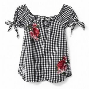 black & white gingham off shoulder embroidered floral top